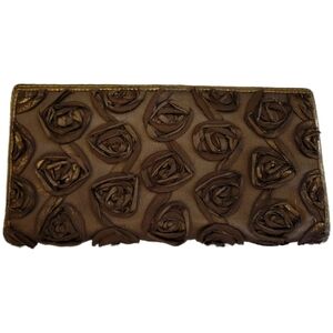 Vintage Lodis Brown Rosette Floral Clutch Wallet Gold Accents